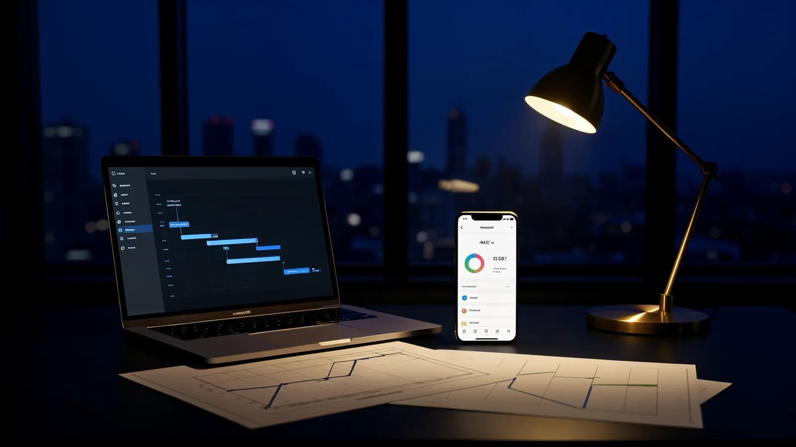 Dark workspace at night with laptop showing project timeline dashboard and smartphone showing app progress, brass desk lamp illuminating the scene