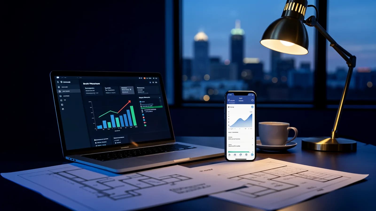 Austin skyline at dusk with cost and ROI figures for mobile app development