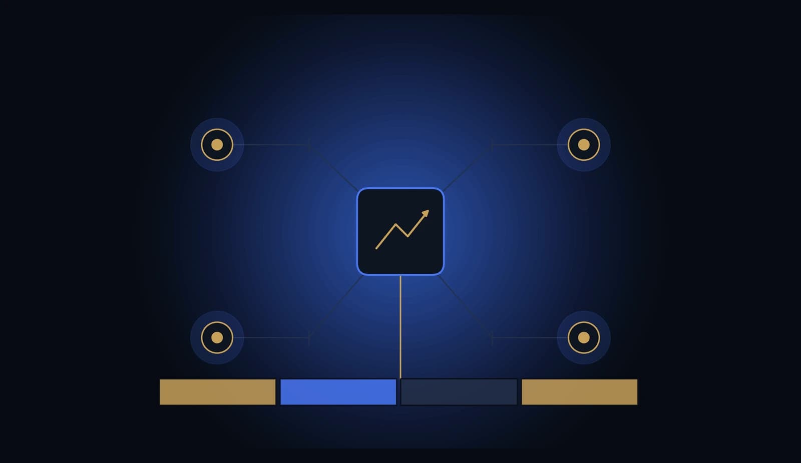 Abstract dark-navy architecture diagram with a central app-icon node connected to monetization infrastructure components