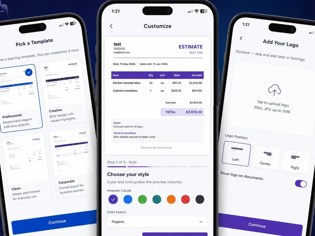 Estimate Maker app screens for estimates and clients
