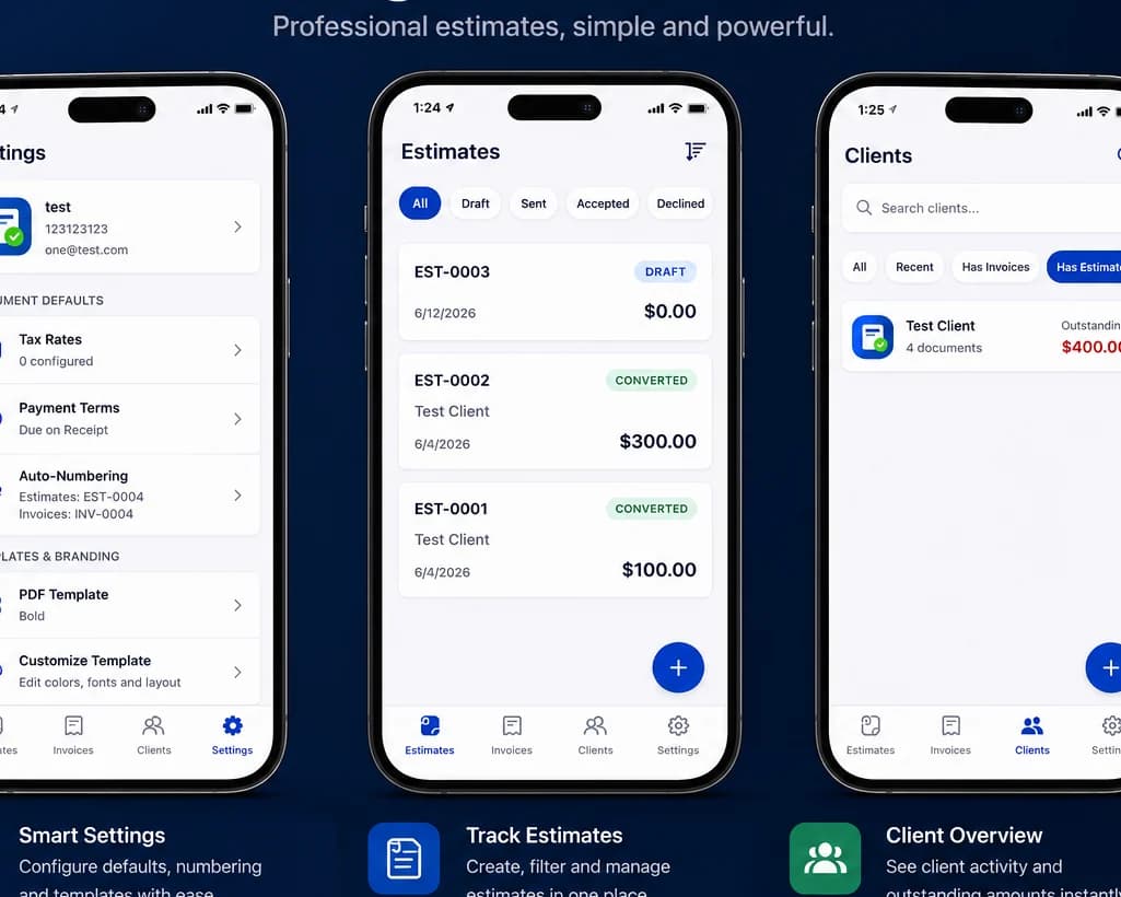 Estimate Maker app screens for estimates, clients, and settings