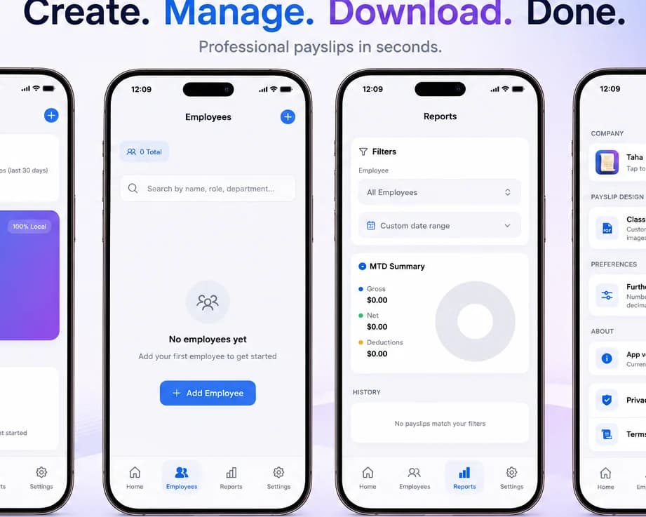 Pay Stub Generator app screens for payslips, employees, and reports